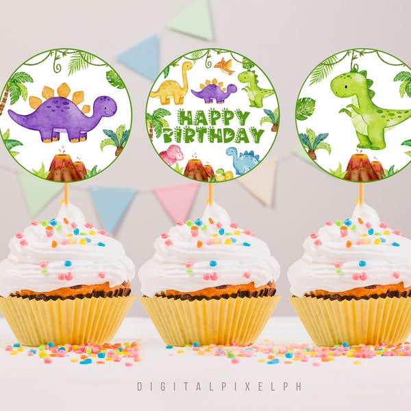 Dinosaur Birthday Cupcake Toppers, Dinosaur Cupcake Toppers, Instant Download, Non-Editable