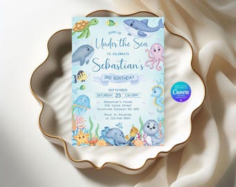 Geburtstagseinladung zum Thema Unterwasserwelt, Einladung zur Party mit Meerestieren, Dankeskarten zum Thema Unterwasserwelt (Digitaler Download)