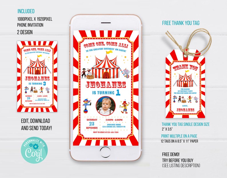 Circus Phone Birthday Invitation Template, Carnival Electronic Invitation, Carnival Phone Invitation, Carnival Electronic Phone Invite image 2