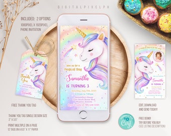 Unicorn Phone Birthday Invitation Template, Unicorn Electronic Invitation, Unicorn thank you tag, Electronic Invite, Phone Invite, DPH