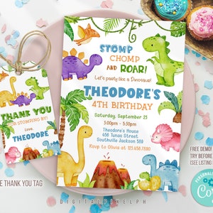 Modèle modifiable d’invitation à une fête d’anniversaire de dinosaure, invitation d’anniversaire de dinosaure, étiquette de remerciement de dinosaure