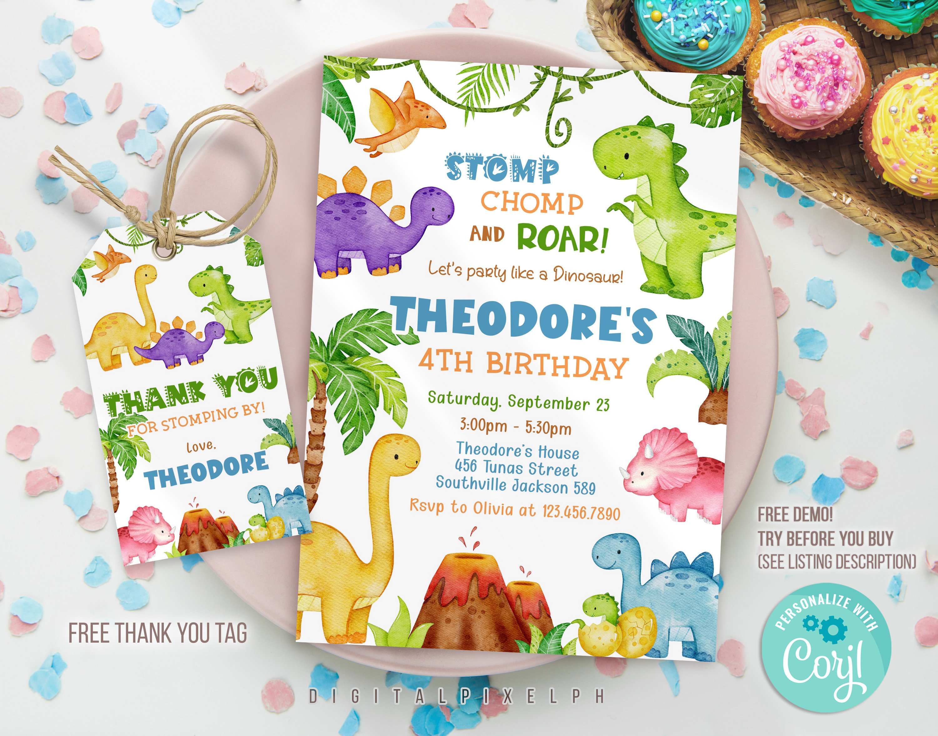 Editable Dinosaur Birthday Party Invitation Template, Dinosaur Birthday Invitation, Dinosaur  thank you tag, DPPH