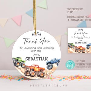 Bearbeitbare Monster Truck Runde Dankeschön-Tags, Monster Truck Aufkleber, Monster Truck Quadrat dankeschön Tags, Monster Truck Favor Tags