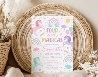 Unicorn Birthday Invitation Template, Four-Ever Magical Invite, Unicorn Thank You Tags (Digital Download)