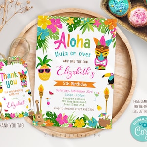 Editable Hawaiian Luau Birthday Invitation, Luau Party Invitation, Hawaiian Luau thank you tags