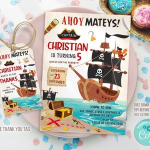 Pirate Invitation, Pirate Birthday Invitation, Pirate Editable Invitation Template, Pirate thank you tags