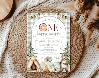 One Happy Camper Birthday Invitation Template, Camping Birthday Invitation, Woodland Birthday Invitation