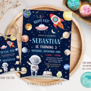 Bearbeitbare Weltraum-Geburtstagseinladungsvorlage, Planeten, Rakete, Astronauteneinladung, Galaxieeinladung, Weltraumeinladung