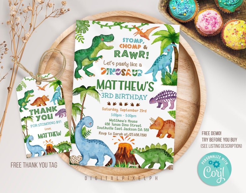 Editable Dinosaur Birthday Party Invitation Template, Dinosaur Birthday Invitation, Dinosaur thank you tag image 2