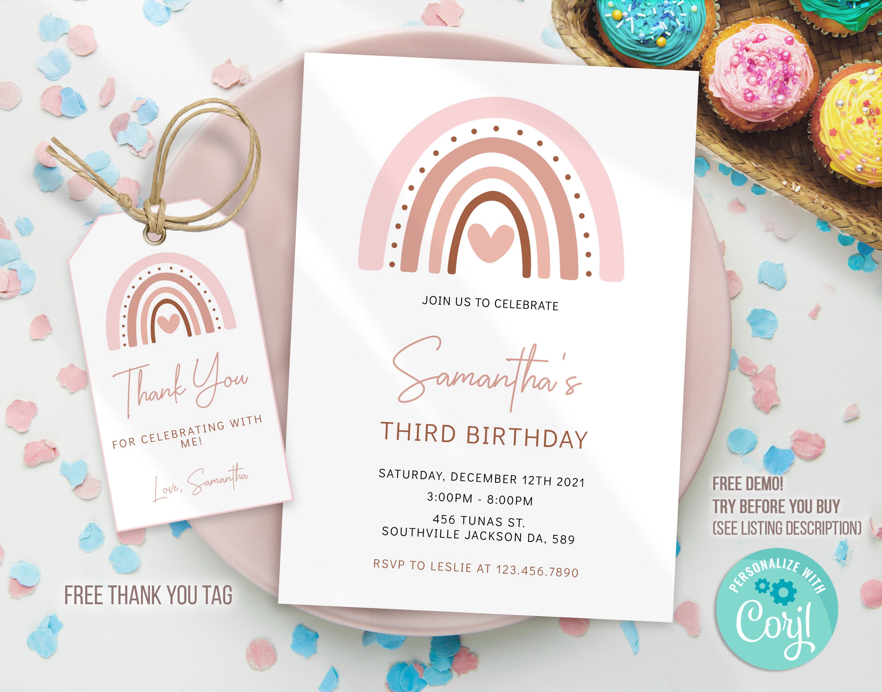 Editable Boho Rainbow Birthday Invitation template, Rainbow Invitation, Rainbow Birthday Invitation, Rainbow thank you tag, PMGY