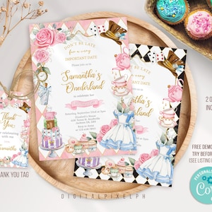 Convite de aniversário EDITÁVEL Alice no País das Maravilhas, modelo de convite Alice no País das Maravilhas, etiquetas de agradecimento Alice no País das Maravilhas M3L