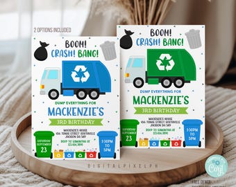 Editable Garbage Truck Birthday Invitation, Dump Truck Thank You Tag (Digital Download)