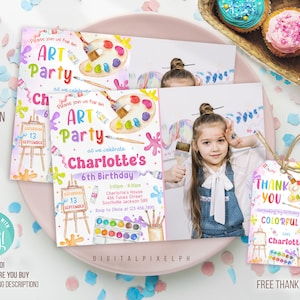 Editable Art Birthday Party Invitation Template, Art Painting Birthday Invitation, Art Painting thank you tag, Art Party Invitation, DPPH6