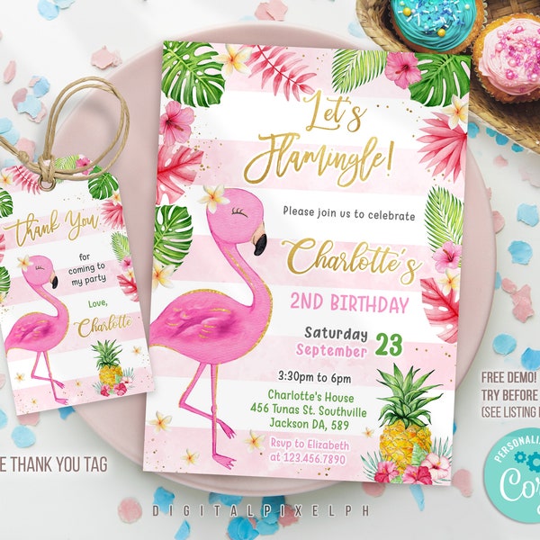 Flamingo Birthday Invitation, Flamingle Invitation, Tropical Birthday Invitation, Instant Download Editable Invitation