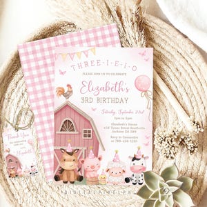May include: A pink and white themed birthday invitation set. The invitation features a barn illustration with cartoon animals and the text "Elizabeth's 3rd Birthday". Includes a matching tag and a pink gingham patterned card.