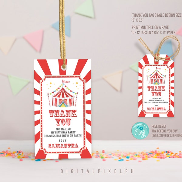 Editable Carnival thank you tags, Carnival Favor tags, Circus thank you tags, Circus Favor tags, Printable tags