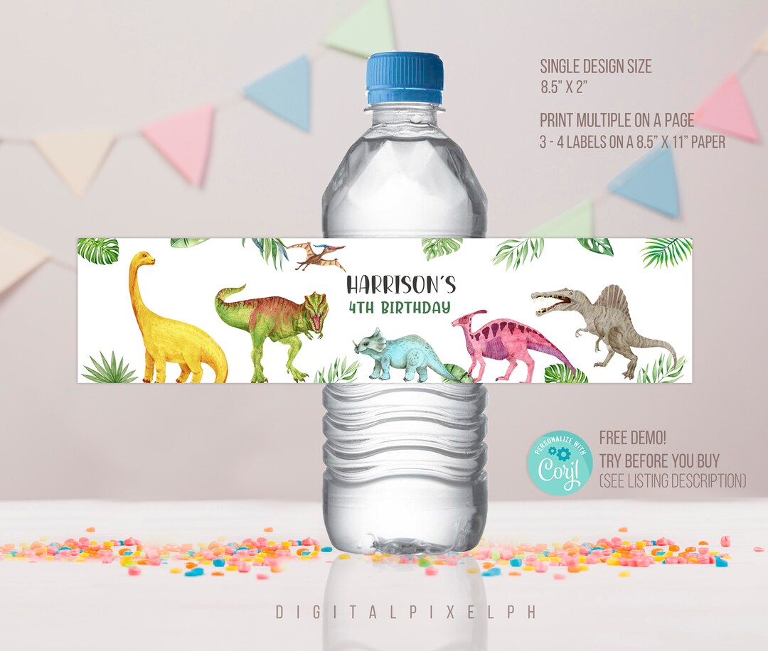 Editable Dinosaur Water Bottle Label, Dinosaur Label, Dinosaur Water ...