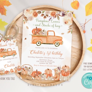 Editable Pumpkin Birthday Invitation, Fall Pumpkin Truck Invitation, Autumn Birthday Invitation, Pumpkin Truck Invitation