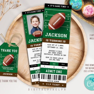 Editable Football Ticket Birthday Invitation Template, Football Ticket Invitation, Football thank you tag, DPPH