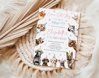 Sjabloon verjaardagsuitnodiging hond, puppyfeestje (digitale download)