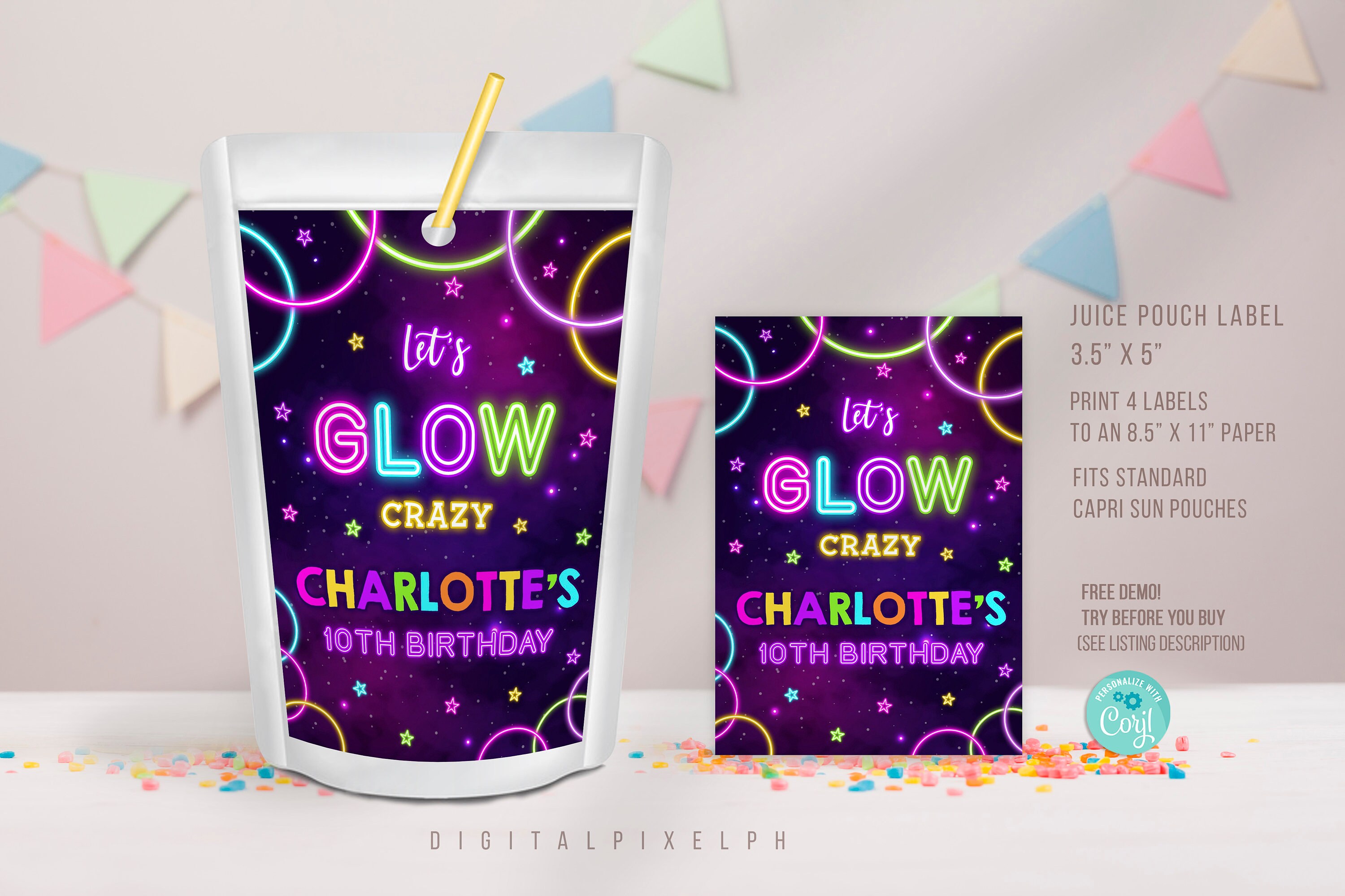Editable Glow Party Capri Sun Labels, Glow Juice Labels, Glow Gable Box ...