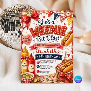 May include: A rectangular birthday invitation card featuring a red and white chequered background, a large red bow, and hot dog illustrations. The text reads She's a WEENIE Bit Older, Elizabeth's 6TH BIRTHDAY, and includes event details like date, time, and location.