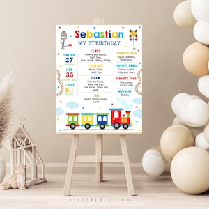 Póster de aniversario de cumpleaños con temática de trenes, plantilla editable (descarga digital)