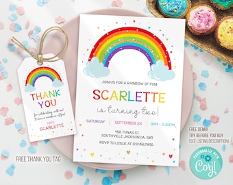 Editable Rainbow Birthday Invitation, Rainbow Invitation, Rainbow Template, Rainbow thank you tag