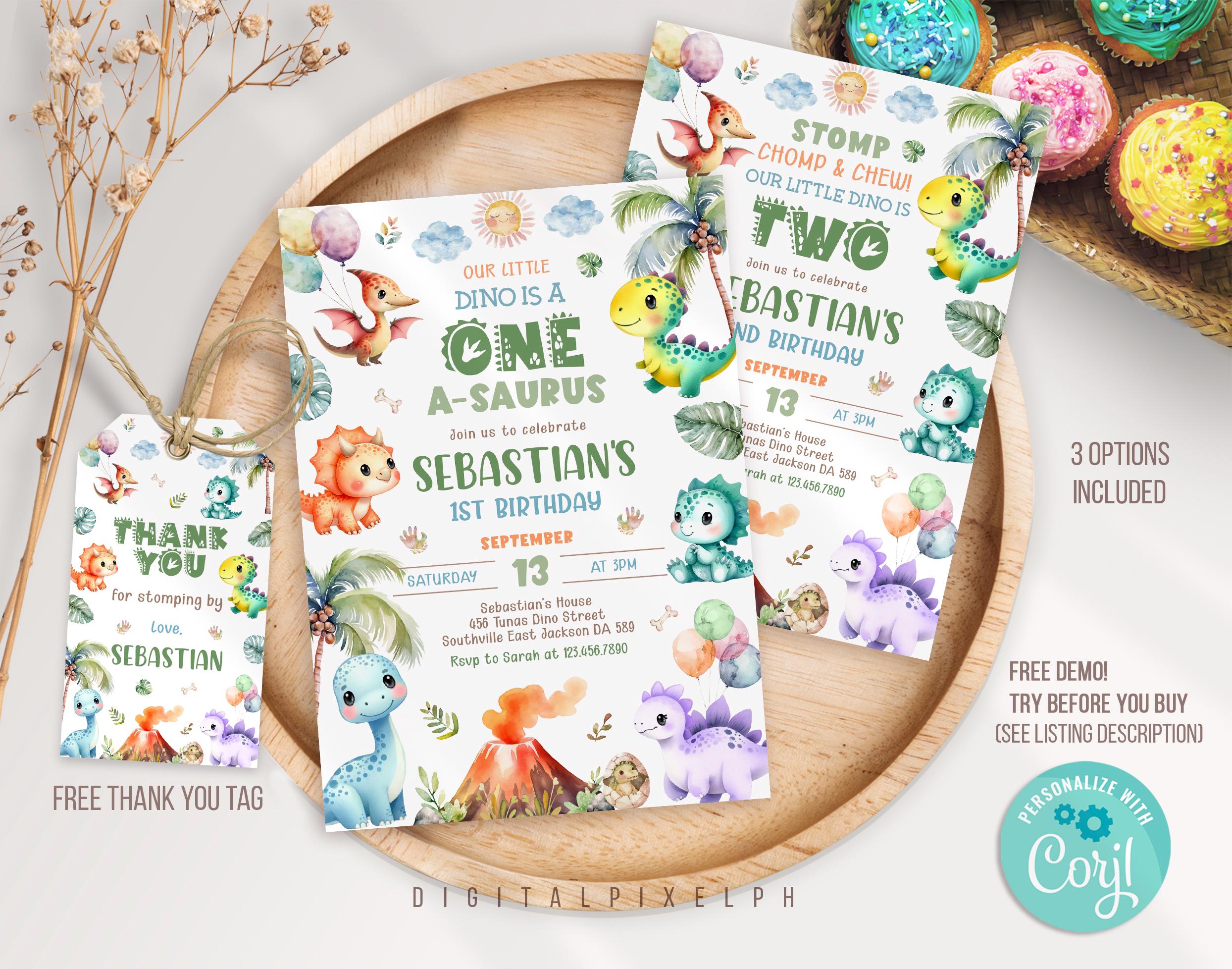 Editable Dinosaur Birthday Party Invitation Template, Dinosaur Birthday Invitation, Dinosaur thank you tag, One A-saurus Invitation M3L