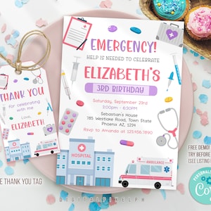 Editable Kids Doctor Birthday Invitation, First Responders Birthday Invitation, Nurse invitation, Medical Emergency Invitation, RNWL2