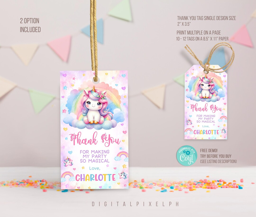 Editable Unicorn Thank You Tags, Unicorn Favor Tags, Unicorn Thank You ...