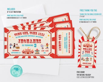 Carnival Ticket Birthday Invitation, Circus Ticket Invitation, Carnival Invitation, Carnival thank you tag, Editable Template