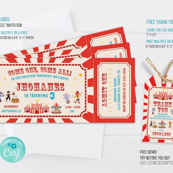 Carnival Ticket Birthday Invitation, Circus Ticket Invitation, Carnival Invitation, Carnival thank you tag, Editable Template