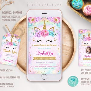 Editable Unicorn Phone Invitation Template, Unicorn Electronic Invitation, Unicorn thank you tag, Unicorn Birthday Invitation
