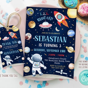 Outer Space Birthday Invitation Template, Planets Rocket Ship Astronaut Invite, Galaxy Blast Off Invitation, Editable Invitation