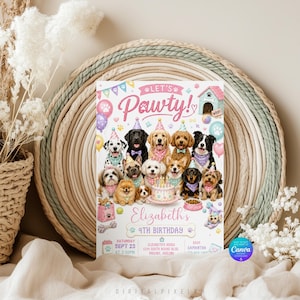 May include: A rectangular birthday invitation card featuring the text Let's Pawty! and Elizabeth's 4th Birthday. The design displays a group of various dog breeds wearing colorful party hats and bandanas, a birthday cake, and a dog house.