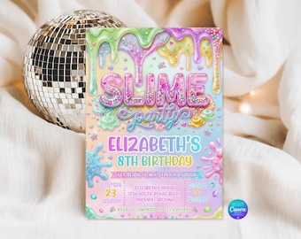 May include: A rectangular party invitation featuring a pastel rainbow background with dripping slime graphics, sprinkles, and stars. The text reads SLIME party, ELIZABETH'S 8TH BIRTHDAY, GET READY TO MIX, STRETCH & SQUISH, and event details.