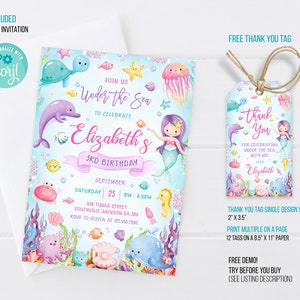 Editable Under The Sea Birthday Invitation, Editable Ocean Animals Party Invite Template, Under The Sea thank you tag image 2