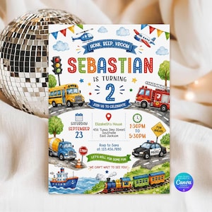 May include: A birthday invitation card featuring colorful illustrations of a school bus, fire truck, police car, train, and boat. The text reads Sebastian is turning 2, with event details including Saturday September 23, Elizabeth's House, and 1:30PM to 5:30PM.