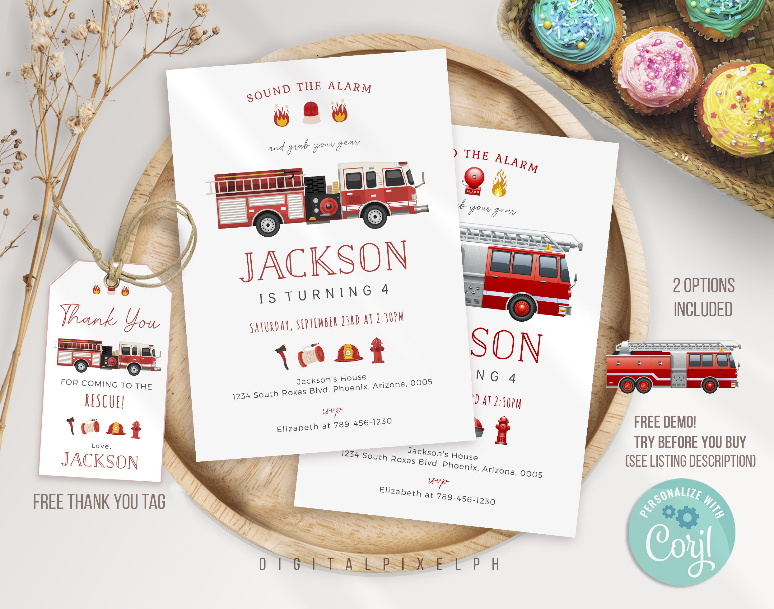 Editable Firetruck Invitation, Fire truck Birthday Invitation, Firetruck Invitation, Fire truck invitation, Firetruck thank you tags M3L