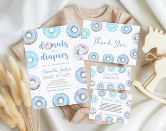 Blue Donuts and Diapers Baby Shower Invitation Template (Digital Download)