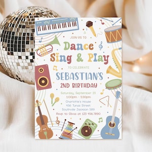 Musik-Geburtstags-Einladung, Tanz-Sing-Spiel-Party einladen, Musikinstrument-Geburtstags-Einladung (Digitaler Download)