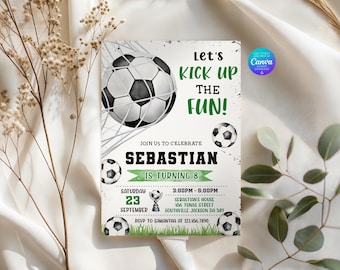May include: A rectangular birthday invitation card featuring a soccer theme with black and white soccer balls, a goal net, and green grass. The text reads Let's KICK UP THE FUN! JOIN US TO CELEBRATE SEBASTIAN IS TURNING 8, SATURDAY 23 SEPTEMBER, 3:00PM-5:00PM.