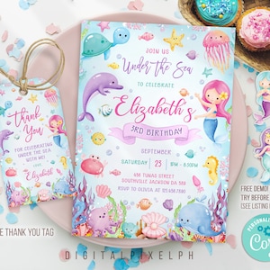 Invito di compleanno modificabile &quot;Sotto il mare&quot;, modello di invito per festa con animali dell&#39;oceano modificabile, tag di ringraziamento &quot;Sotto il mare&quot;, M3L