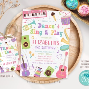 Editable Dance Sing Play Birthday Invitation, Music Birthday Invitation, Musical Instruments Invitation, Rock Star Band invitation, RNWL