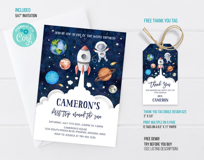 Outer Space Birthday Invitation Template, Planets Rocket Ship Astronaut Invite, Galaxy Blast Off Invitation, Editable Invitation image 3