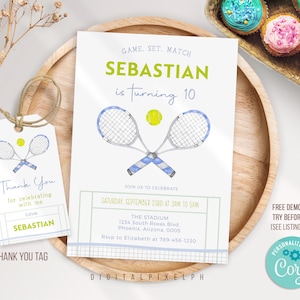 Editable Tennis Birthday Invitation template, Summer Sports Invitation, Tennis invitation, Tennis thank you tags, RNWL2