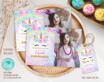 Unicorn Birthday Party Invitation Template with photo, Unicorn Invitation, Unicorn thank you tag, Editable Unicorn Invitation