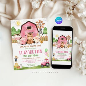 Farm Birthday Invitation Template, Farm Thank You Tags, Barnyard Animals (Digital Download)