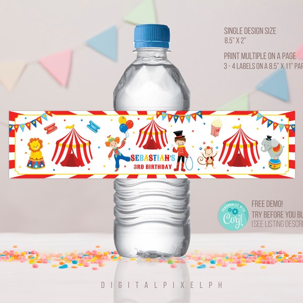 Editable Carnival Water Bottle Label, Carnival bottle Label, Circus Water Bottle Label, Circus bottle Label